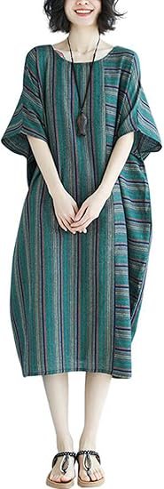 Amazon Co Jp Rehoodnレディース ワンピース 夏 半袖 レディース ロングワンピース ストライプ ゆったり 綿麻 ワンピース レトロ ワンピース ファッション カジュアル ワンピース お出かけグリーンf 服 ファッション小物