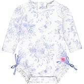 RuffleButts Baby Girls UPF 50+ Sun Protection Floral Printed Long Sleeve One Piece Rash Guard Swimsuit with Zipper