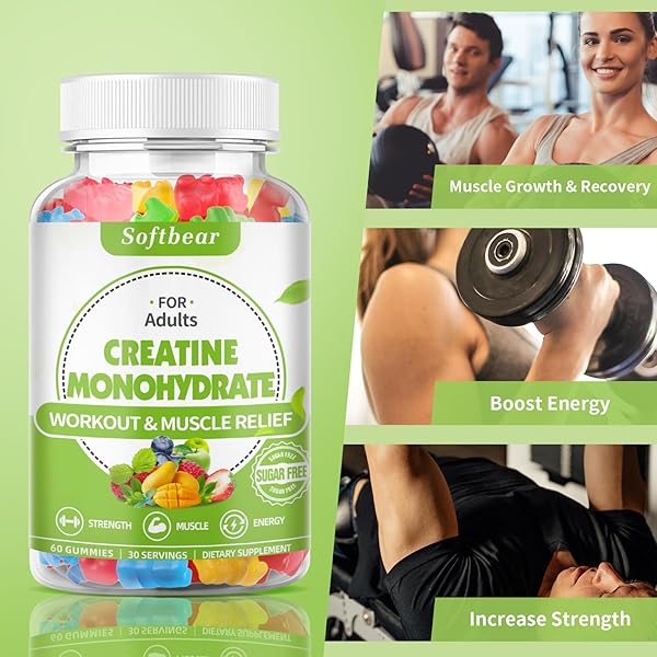 SOFTBEAR CREATINE MONOHYDRATE GUMMIES FOR MEN WOMEN, VEGAN CREATINE SUPPLEMENT 5000MG CREATINE HCL PRE WORKOUT GUMMIES FOR MUSCLE BUILDER STRENGTH MIXED FLAVOR 120 COUNT