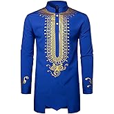 LucMatton Men's African Attire Dashiki Metallic Foil Print Long Sleeve Shirts Mandarin Collar Shirt