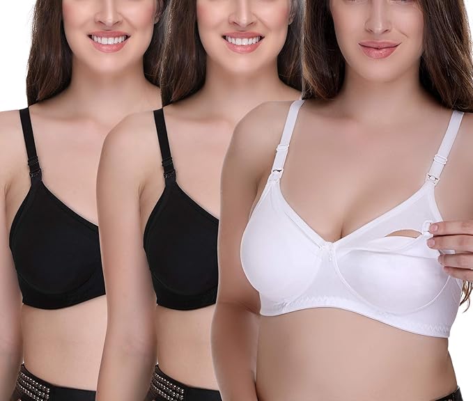 Women's Feeding Bra Full Cup Hosiery Cotton Breastfeeding Nursing Maternity (Multicoloured) Combo Pack of 3