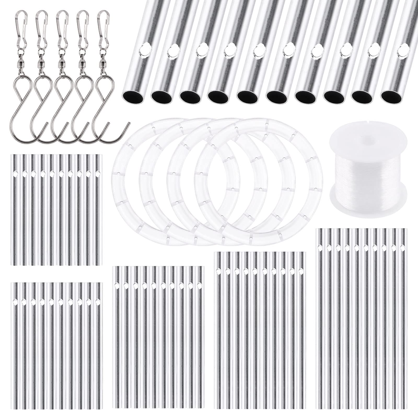 Glarks 60Pcs Wind Chime Kit: 50 Wind Chime Tubes (7-11.5cm), 5 Swivel Hooks, 100m Wire, 5 Top Circles for Home Garden Decor