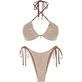 seamoly Women's Bikini Sets Halter Fishnet Shell Decorated Two Piece Swimsuit Sexy Side Tie Thong Bandeau Bathing Suits