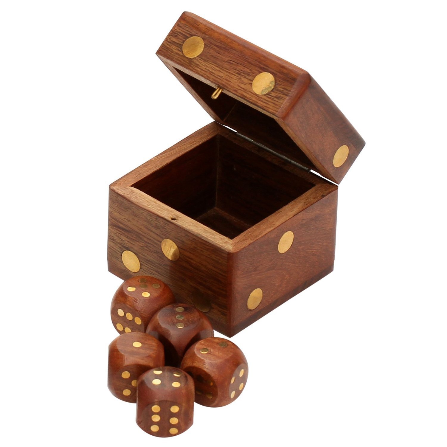 SouvNear 6.1 cm Wooden Dice Box Storage with 5 Dice Set - Square Dice box Case / Container with Brass Inlays - Cute Dice Game Set