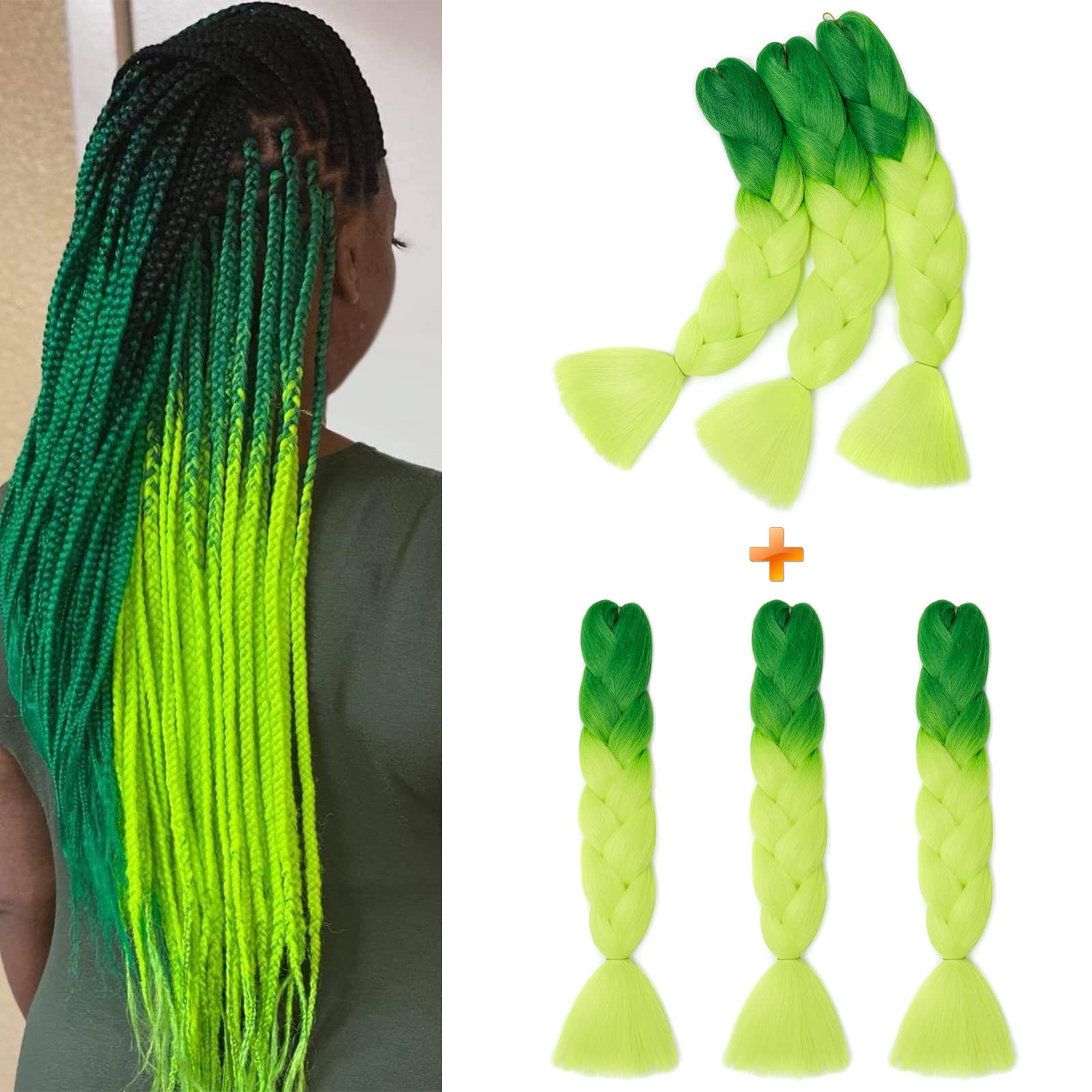 Gairyan Braiding Hair Extensions for Braiding 6 Packs 600g 24" Ombre Jumbo Braiding Hair Coloured Synthetic Hair for Women Soft Box Braids Crochet Twists (Dark Green-Yellow Green)