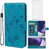 Vavies Case for Galaxy S22 Ultra/Samsung S22 Ultra 5G SM-S908U Wallet Case with Tempered Glass Screen Protector, Flower Leather Flip Credit Card Holder Stand Cover for Samsung Galaxy S22 Ultra 5G Blue