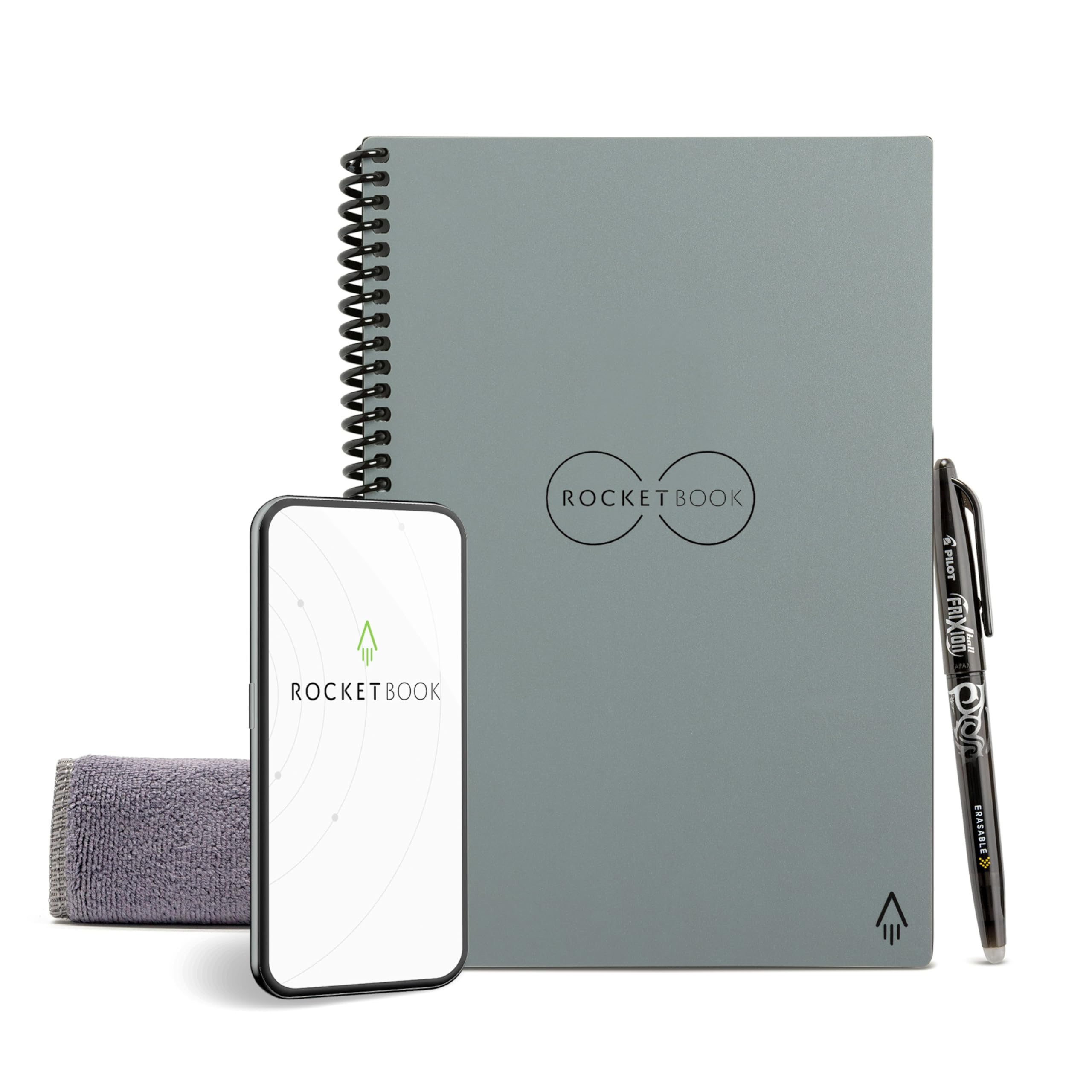 ROCKETBOOK Reusable Digital Notebook - Smart Notepad A5 Grey - Spiral Note Book To Do List Pad, Lined Paper with Frixion Erasable Pen and Wipe, Office Gadget App, Reduce Paper Waste