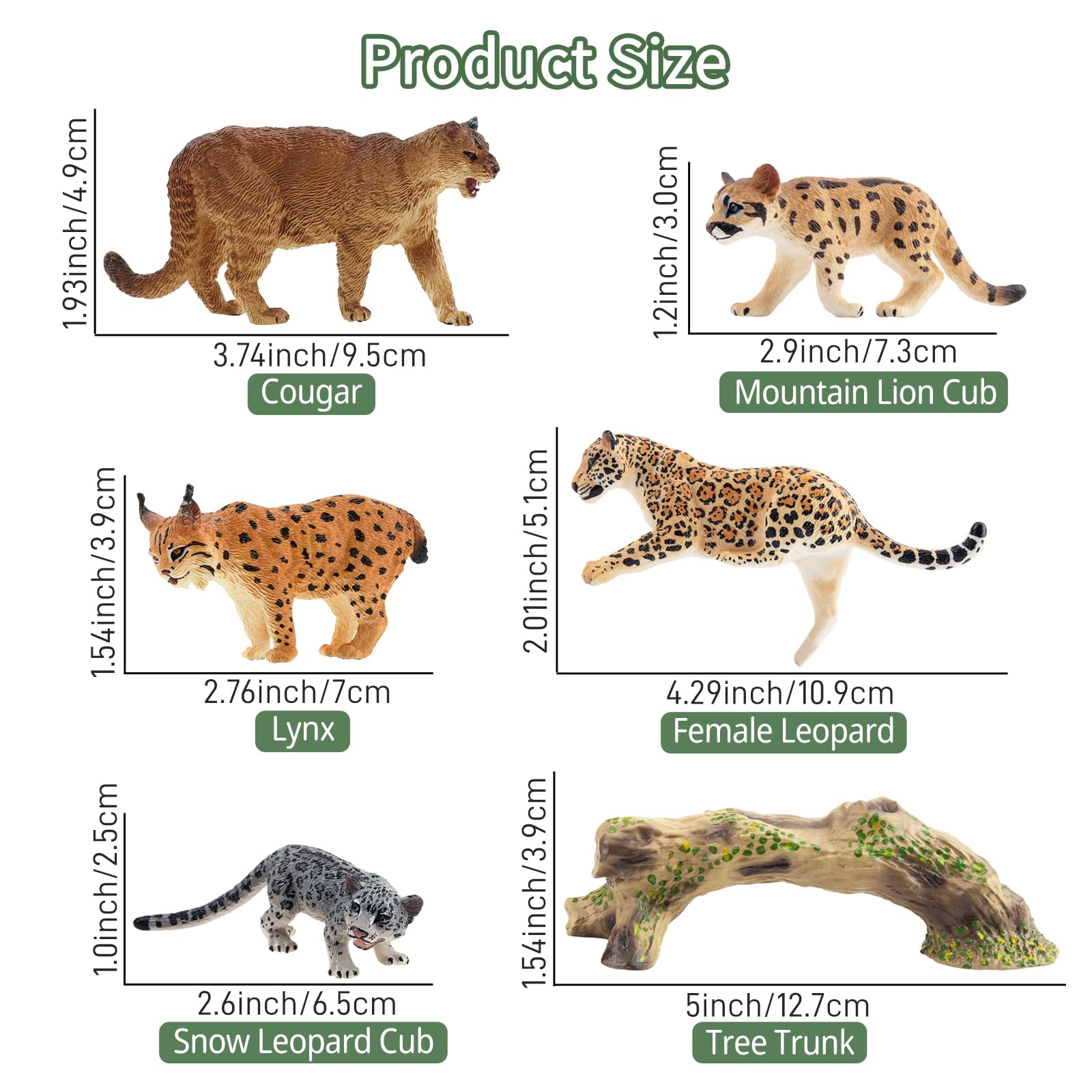 TOYMANY 12 Stück Großkatzen Dschungel Tiere-Figuren und Baumstamm Set,Realistische Löwen Tiger Geparden und Leopardfiguren, Plastiktiere Zoo Dschungel Wald Tierfiguren für Kinder 6