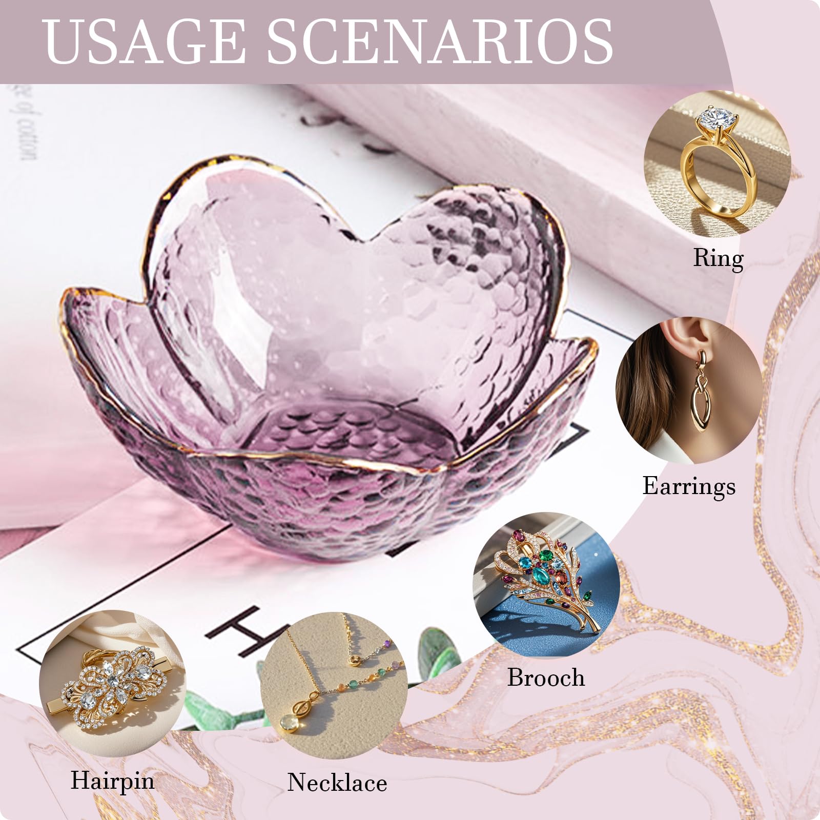 Purple Flower Jewelry Dish Glass Ring Dish Jewelry Tray Cute Vanity Organiser Room Decor Aesthetic Nightstand Bathroom Decor Trinket Dish Ring Holder Valentine's Friendship Birthday Gifts for Women