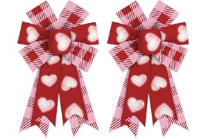 Threetols 2 Pack Valentine's Day Wreath Bows, Pink Red Buffalo Plaid Bows for Wreath Anniversary Red Heart Decoration Bows for Indoor Outdoor Holiday Proposal Wedding Party Decor