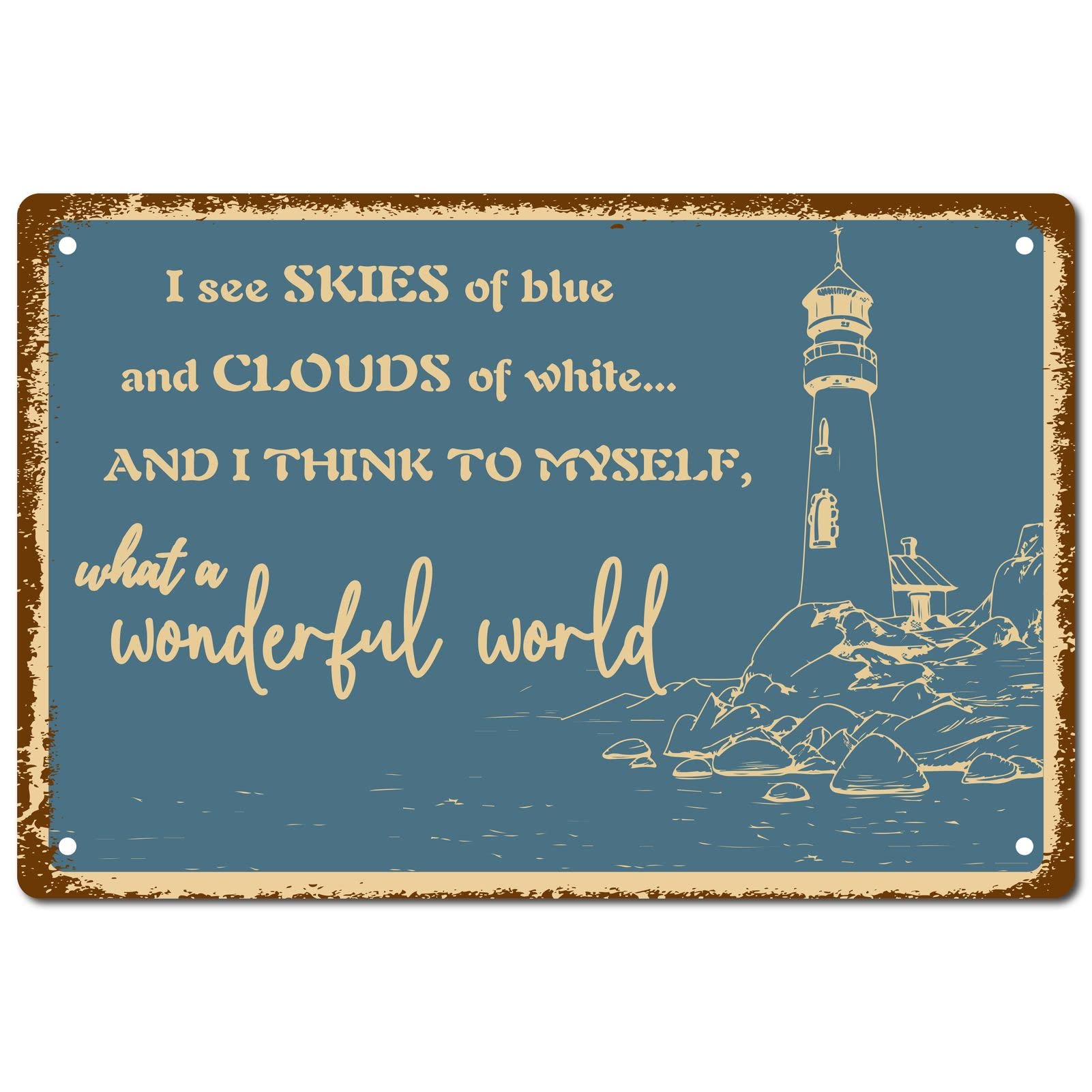 CREATCABIN Lighthouse Beach Wonderful World Metal Tin Sign Blue Color Vintage Wall Decor House Plaque Poster for Home Farm Garden Kitchen Coffee Office Garage Decoration 12 x 8 Inch — image 1
