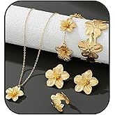 MALOYANVE Golden Flower Necklace Earring Ring Bracelet Set for Women Gold - Toned Floral Jewelry Set Elegant Flower - Shaped Accessories for Wedding, Daily Wear Party Holiday Gift