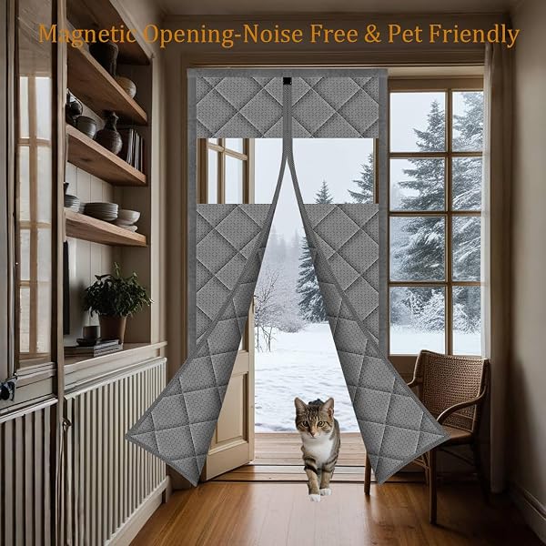 WOHOMZY THERMAL DOOR CURTAIN FITS DOORS SIZE 62″X83″,CURTAIN SIZE 65″X85″, MAGNETIC INSULATED CURTAIN CENTER OPEN, VISIBLE PANELS,KEEP WARM IN WINTER COOL IN SUMMER,DIAMOND PATTERN,GRAY