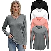 VILIGO 4 Pack Womens Long Sleeve V Neck Tops Basic T Shirts Casual Loose Fit Tunic Tops Flowy Curved Hem Outfits Clothes