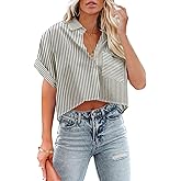Button Down Crop Tops for Women Cropped Striped Shirts Dressy Casual Collared Blouses Summer Lightweight Tee Top