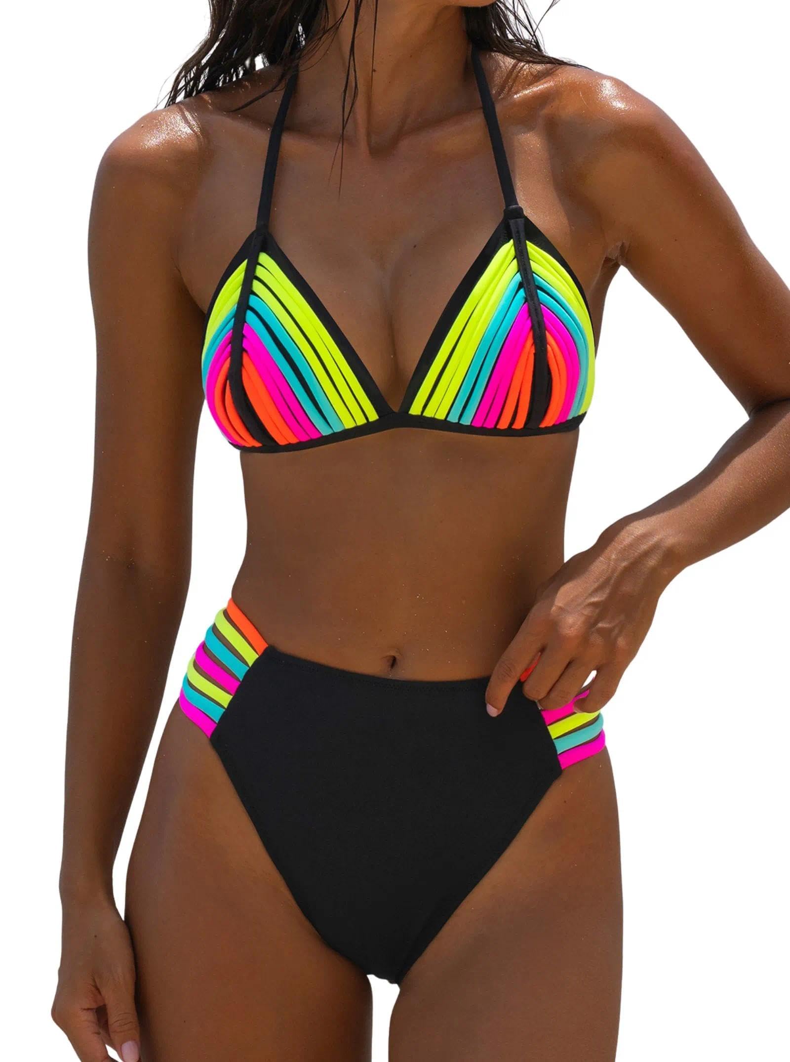 Photo 1 of popvil Triangle Halter Bikini Sets for Women Neon Two Piece Sexy Cheeky Swimsuits High Cut String Bathing Suit