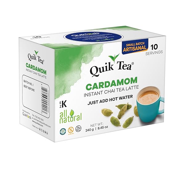 QUIKTEA UNSWEETENED CARDAMOM CHAI TEA LATTE – 10 COUNT SINGLE BOX – ALL NATURAL PRESERVATIVE FREE AUTHENTIC CHAI