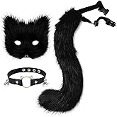 hbbhml Faux Fur Fox Mask Wolf Cat Fluffy Tail and Leather Necklace Set Halloween Party Costume Accessory