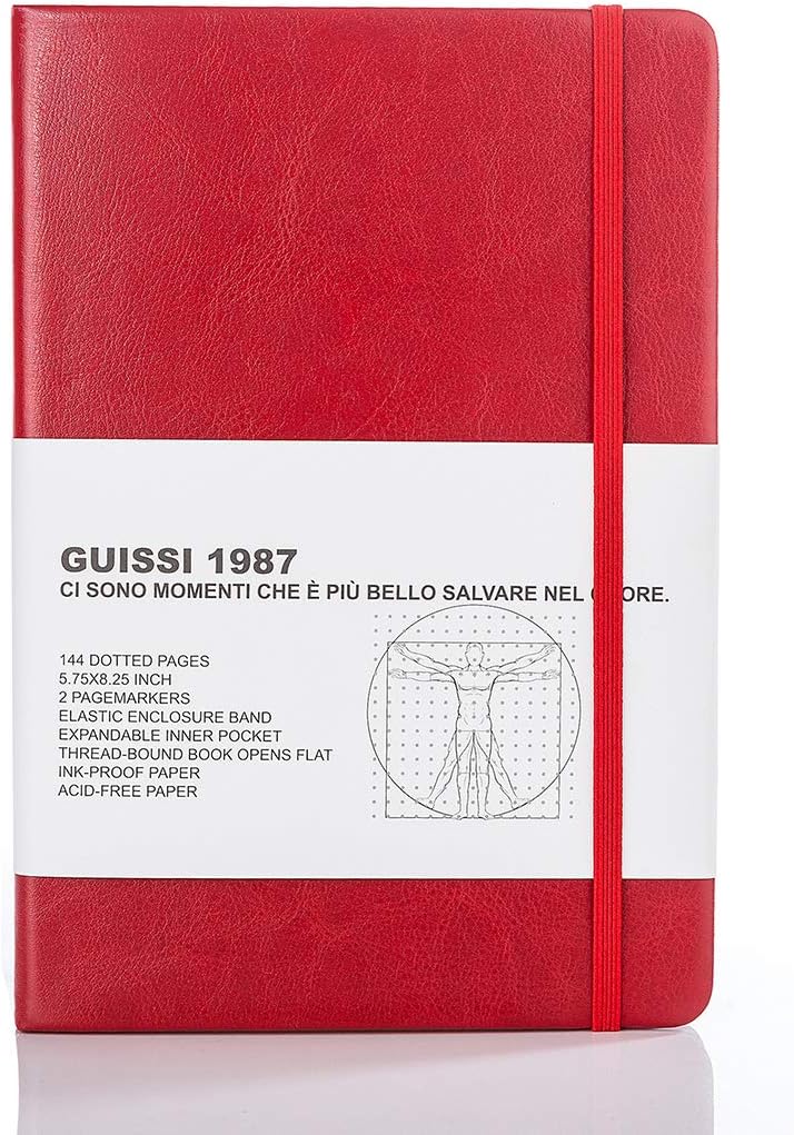 Guissi Classic Dotted Grid Bullet Notebook Journal Dot Hard Cover A5 Premium 80gsm Thick Acid-Free Paper with Fine Inner Pocket Faux Leather Office School Supplies 144 Pages Desgned in Florence