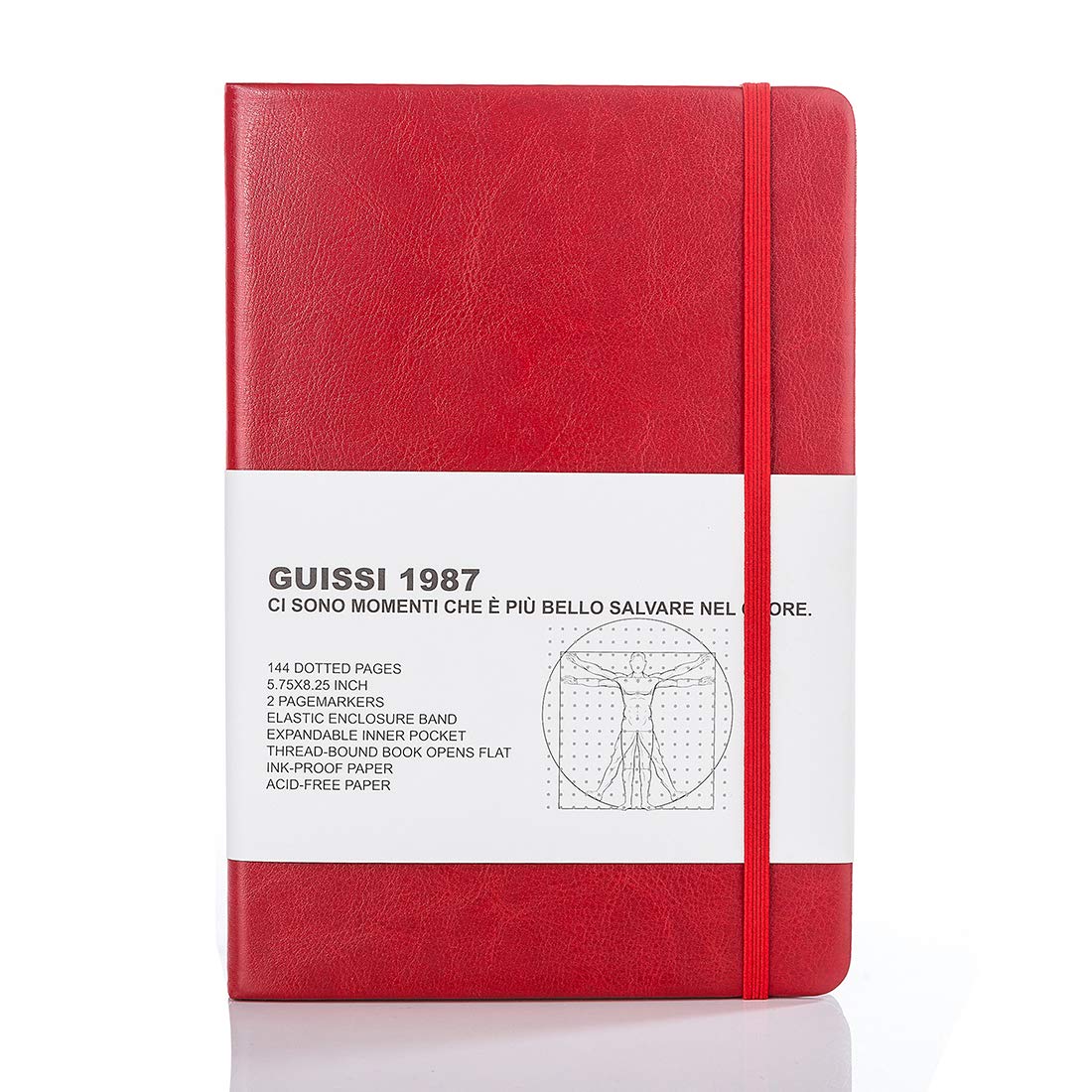 Guissi Dotted Notebook A5 Leather Journal with Inner Pocket, Hardcover Diary Writing Journaling Premium 80gsm Classic Thick Acid-Free Paper School Supplies 144 Pages Designed in Florence