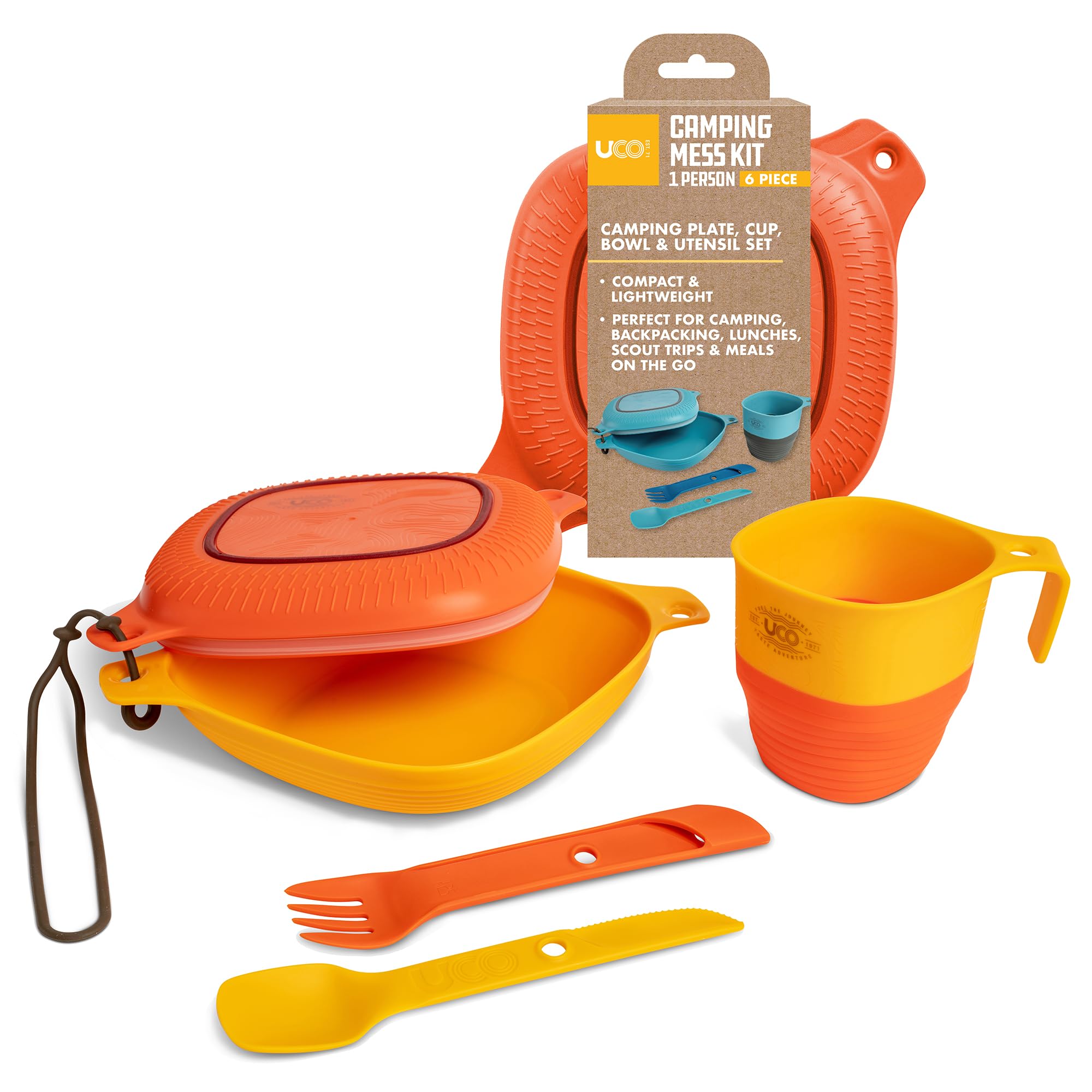 UCO Unisex's Mess Kit with Bowl, Plate, Camp Cup, and Switch Spork Utensil Set 6-Piece, Retro Sunrise