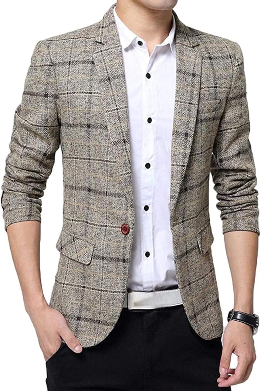 Mens Linen Suit Jacket Casual Plaid Print One Button Lapel Sportcoat