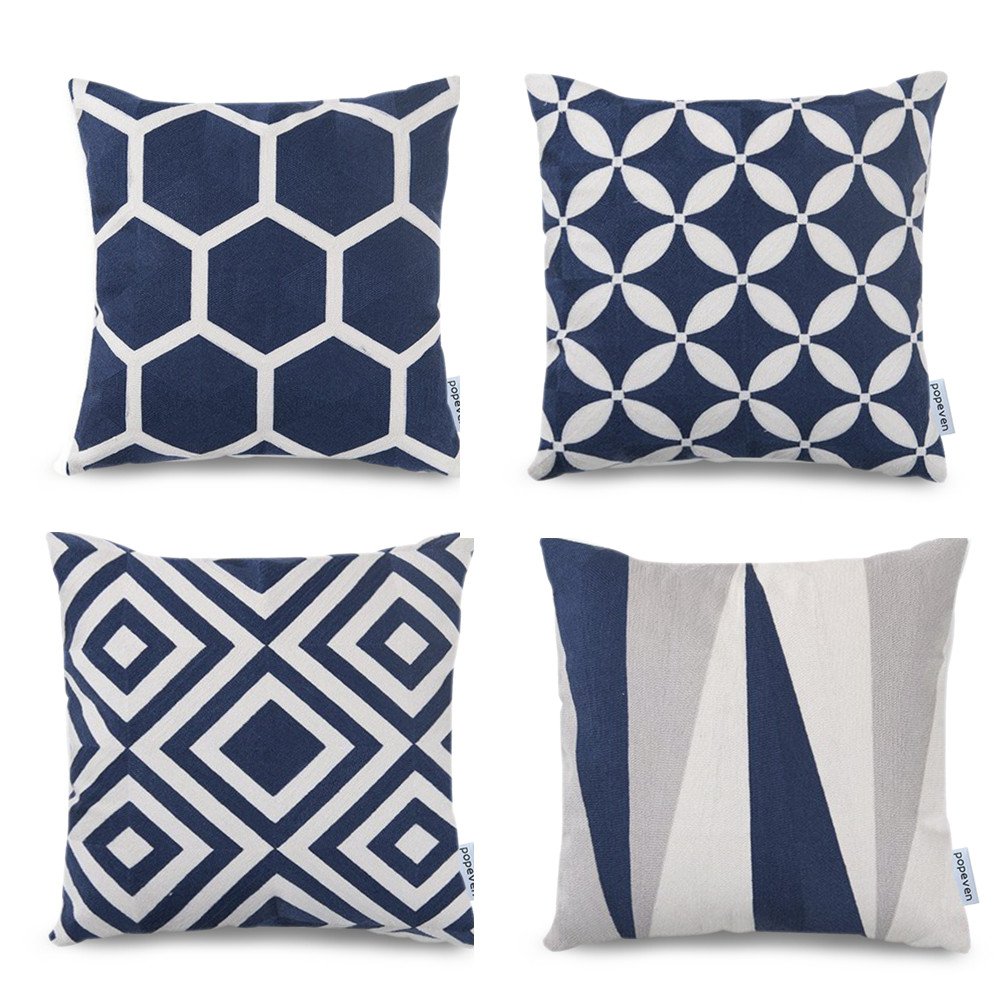 Navy Blue Throw Pillow Covers Set Of 4 Geometric Pattern Cushion