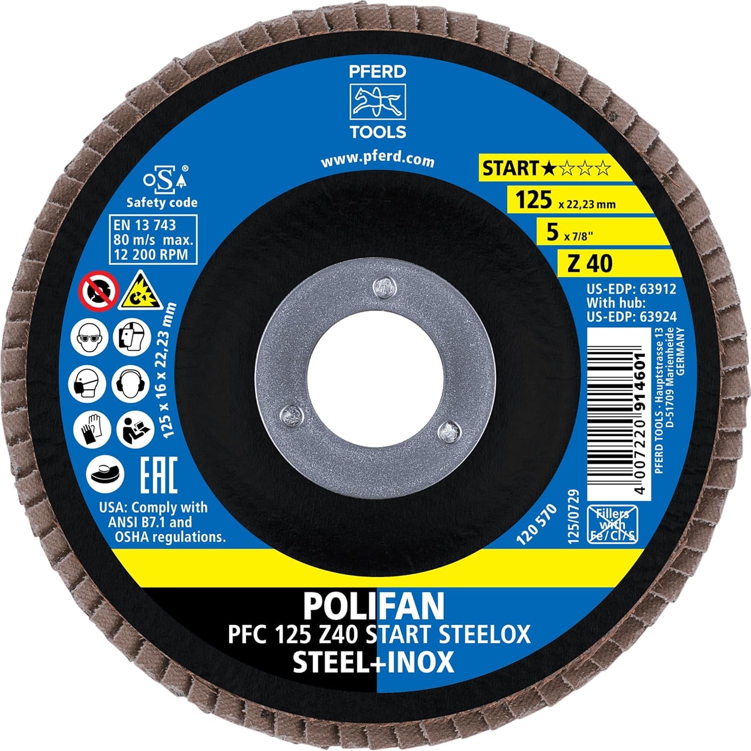 PFERD Polifan Serrated Washer, Pack of 10, PFC 125 x 22.23 mm Conical Z40 Start Line Start Steelox 69300934 - for Steel, Stainless Steel (INOX)