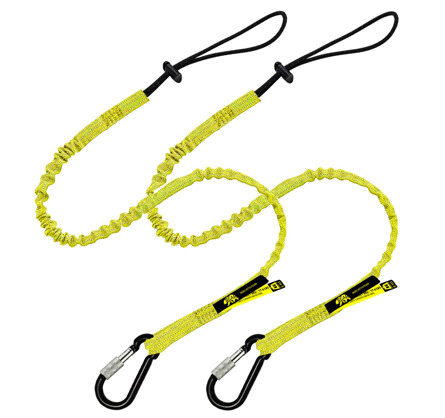 BearTOOLS Tool Lanyard with Buckle Strap - Clip Bungee Cord - Heavy Duty Screw Locking Carabiner - Fall Protection and Safety - Adjustable Loop End - Tough Tether - Construction - 2PK (Yellow 0922YS)