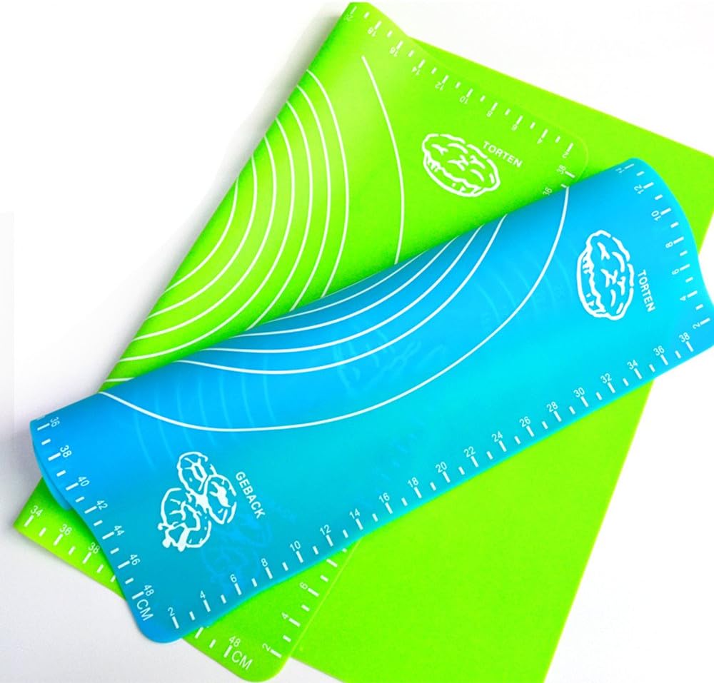 Xixihaha Silicone Baking Pastry Mat Non-Stick Reusable Rolling Pastry Mat Cookie Dough Mat with Measuring Guide Set of 2（Blue&Green)