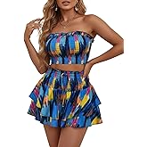 winkbay Women's 2 Piece Beach Vacation Outfits Tie Dye Strapless Crop Tube Top and Ruffle Mini Skirt Set