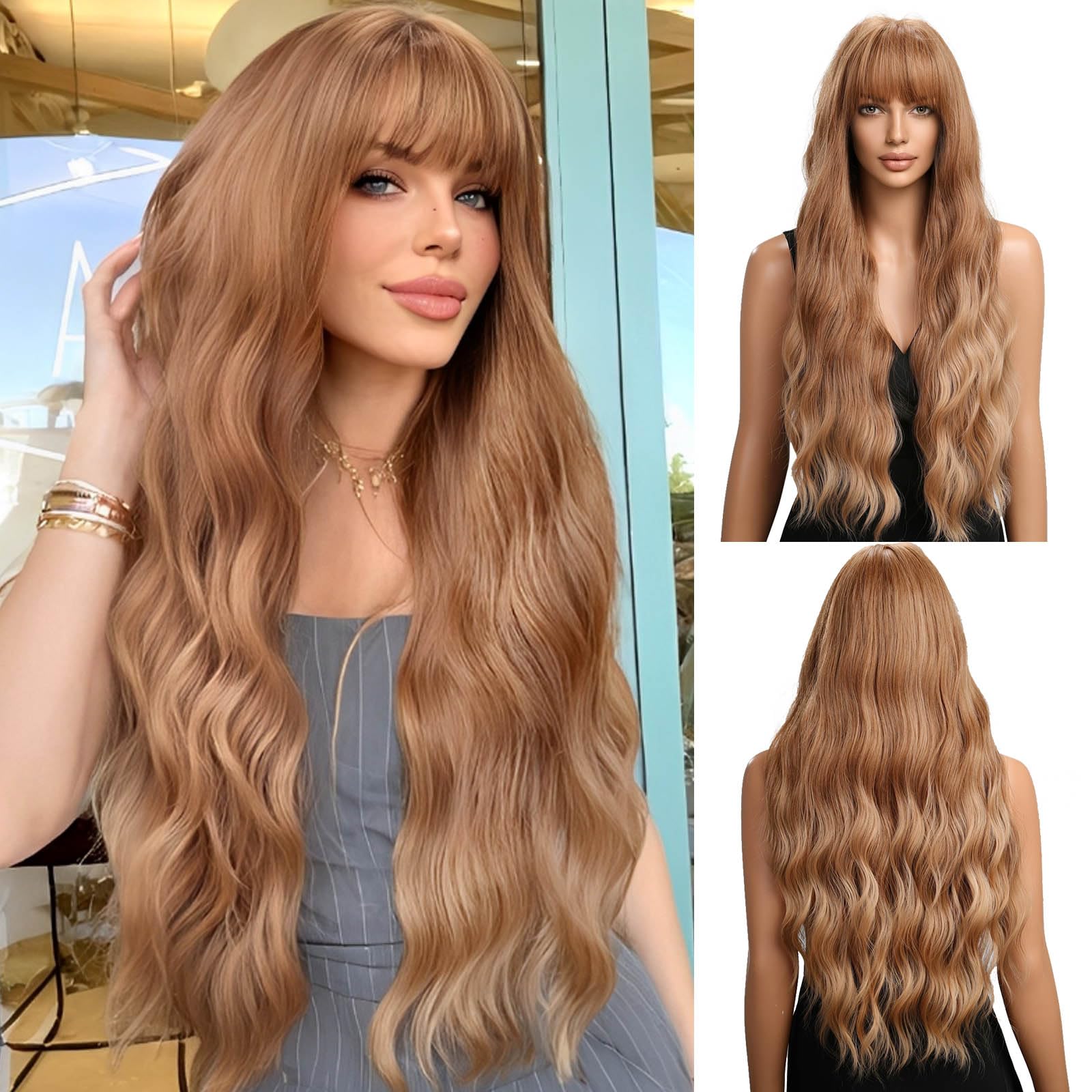 OUFEI Ombre Strawberry Blonde Wigs for Women Long Wavy Wig with Bangs Natural Synthetic Hair Heat Resistant Wigs for Daily Party Cosplay Wear — image 1