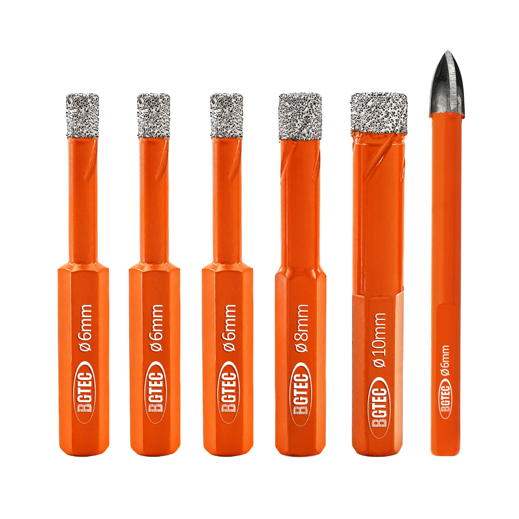 BGTEC Dry Diamond Core Drill Bits Set Hole Saw,6pcs 6/6/6/8/10MM Hex Shank Drill Bits+6mm Triangle Shank Carbide Drill for Granite Marble Porcelain Tile Ceramic