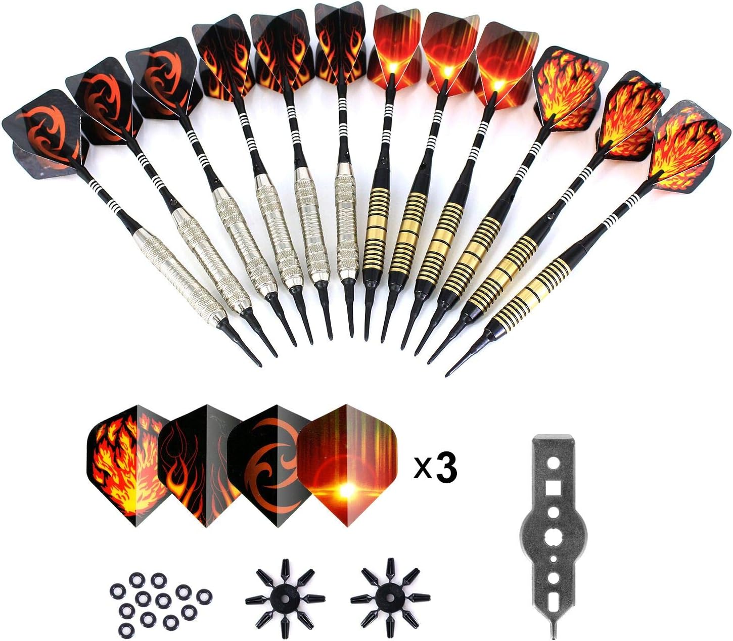 MOCOLO Darts Set, 12 Packs Soft Tip Dart Set with 2 Colors Steel Barrels, Plastic Dart Tips