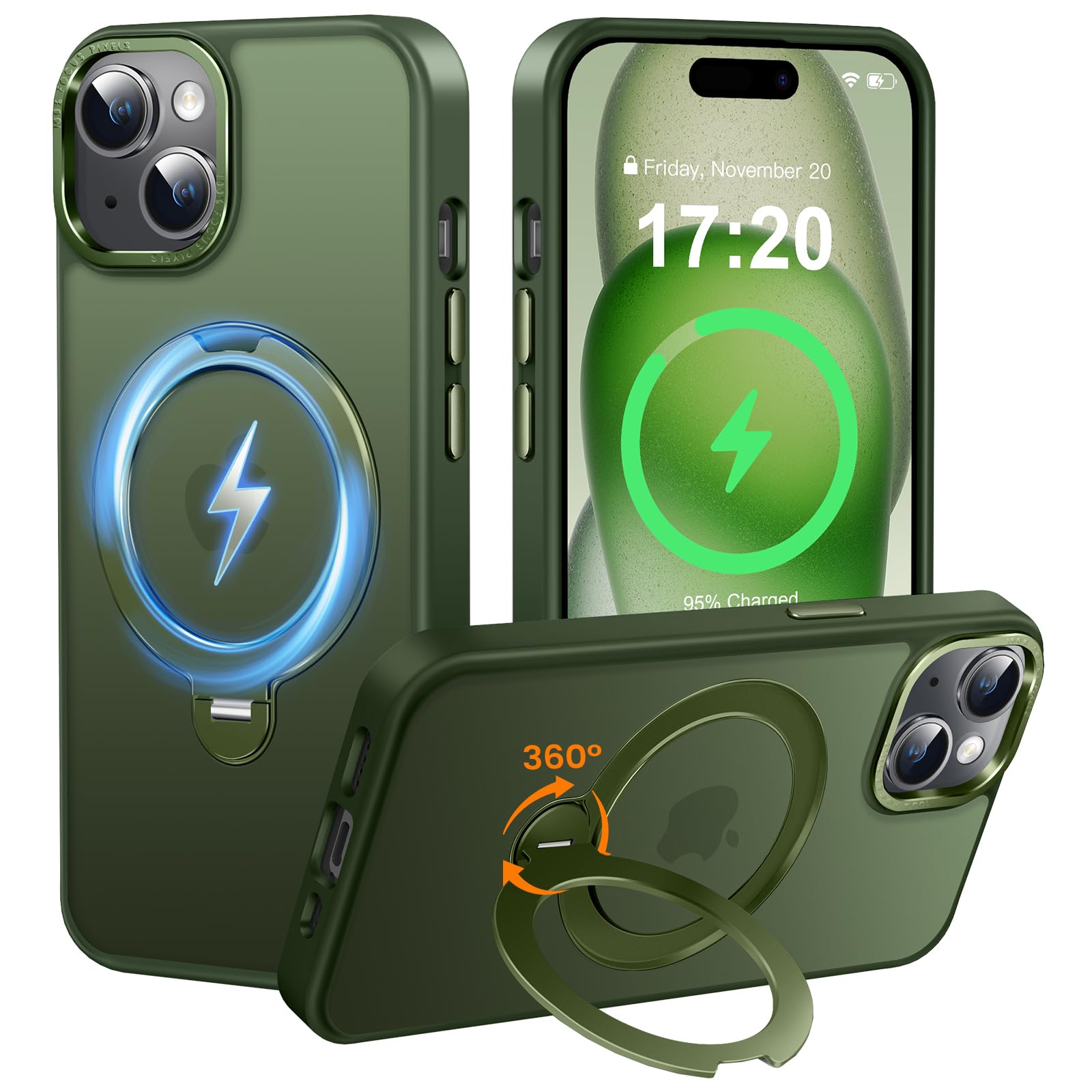 PuyaTeya 360° Spin Magnetic Stander for iPhone 15 Case [Compatible with Magnetic] [Built-in Kickstand] Mil-Grade Protective, Matte Non-Slip for iPhone 15 Phone Case(Green)