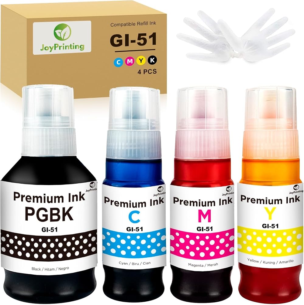 JoyPrinting GI-51 Ink Bottle 4 Pack Black Cyan Magenta Yellow for Canon Pixma