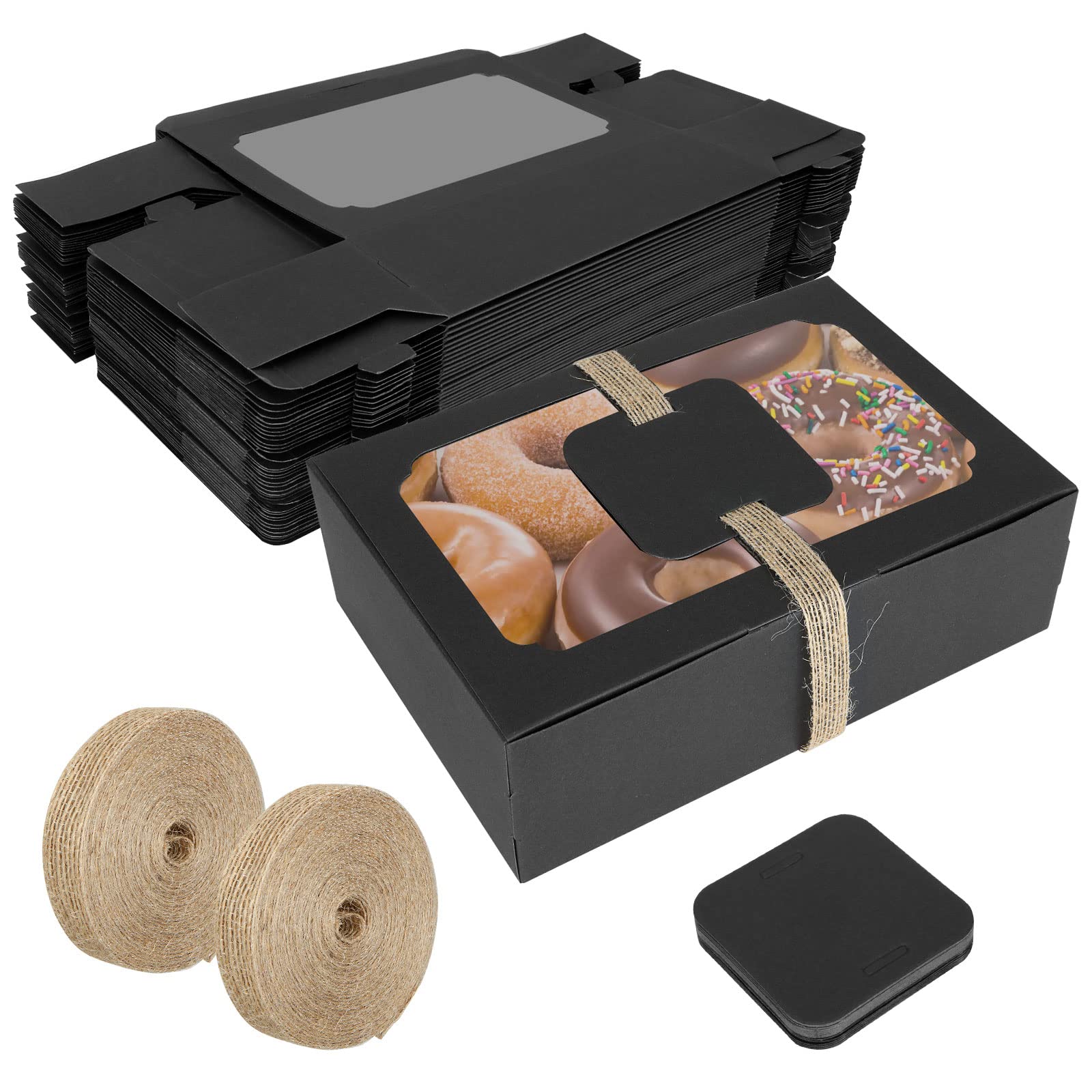GOYADA 24 Pack Cookie Box With Window, 22x15x7cm Black Brownie Box, Cards and Twine for Packaging Chocolate Strawberries, Donuts, Cookies, Muffins