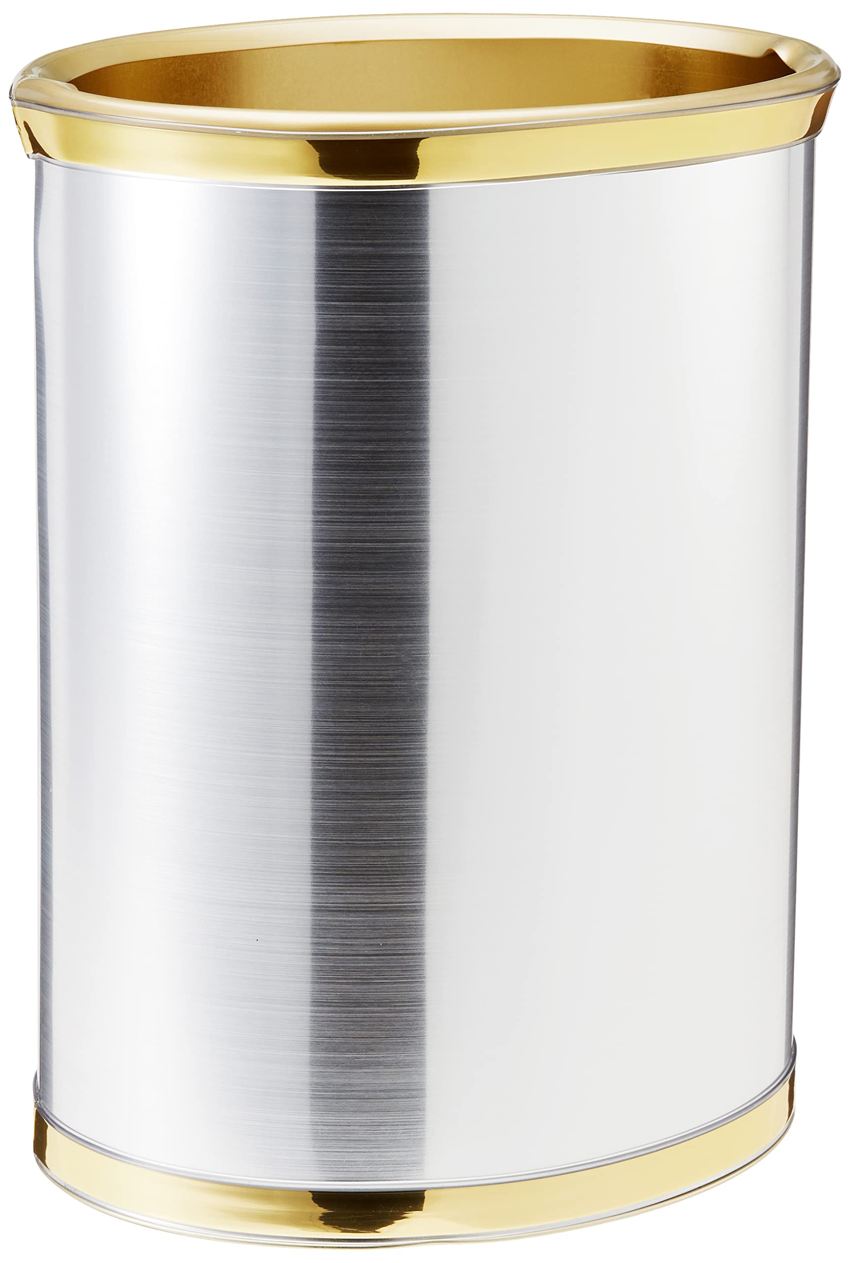 Photo 1 of Kraftware Mylar Brushed Chrome/Brass 13-Inch Oval Waste Basket with 3/4-Inch Brushed Brass and Gold Bumper
