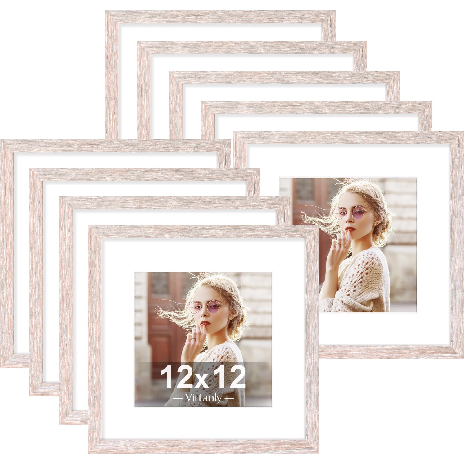 Vittanly 12x12 Picture Frames Set of 9, Shatter Resistant Plexiglass, Display 8x8 Pictures with Mat or 12x12 without Mat, Photo Frames for Wall Mount, Engineered Wood, Rustic Pink Image