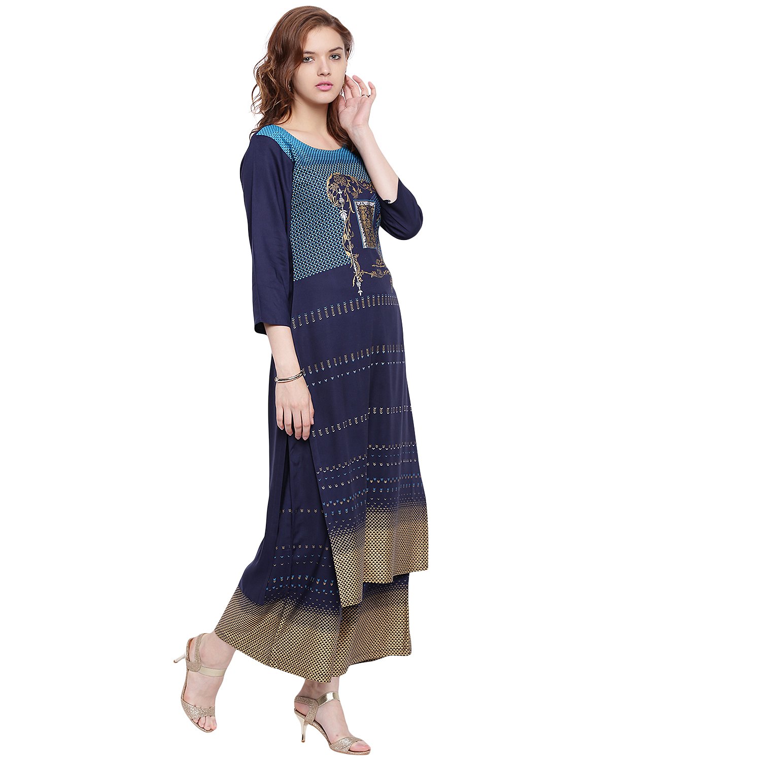 pinky pari screen printed rayon blue straight festive kurta with printed rayon palazzo