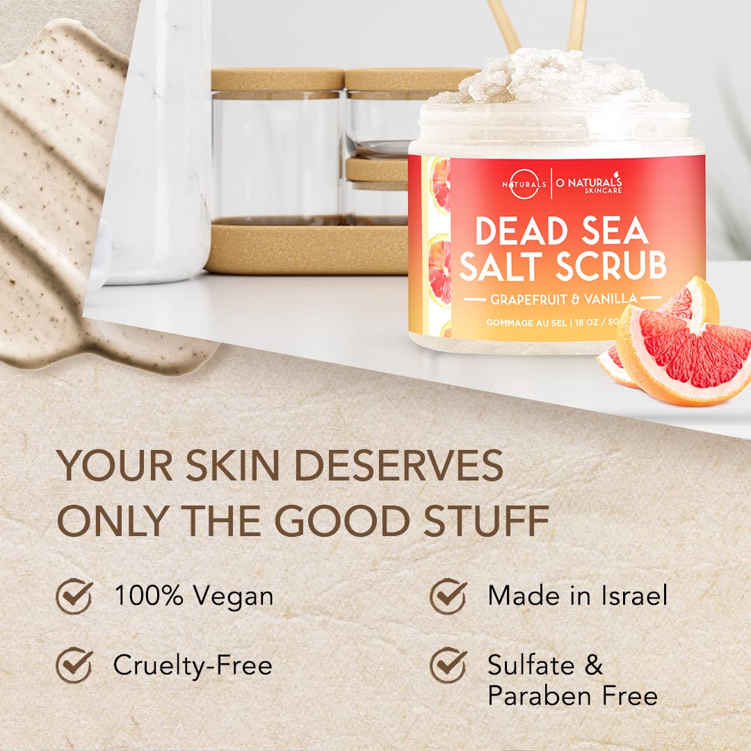 O Naturals Exfoliating Dead Sea Salt Grapefruit Essential Oil Face Body & Foot Scrub. w/Vanilla &. Hydrating Exfoliate Dead Skin, Men & Women Scrub 18oz