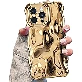 UEEBAI Ripple Case for iPhone 16 Pro Max, Cute Silver Cover Wave Shape for iPhone Case Pretty Aesthetic 3D Phone Cover, Water Ripple Shell 3D Chrome Design for Women and Girl, Gold