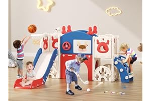 LISCHWERT Toddler Slide, 11 in 1 Toddlers Playset New Upgrade with Kids Slide, Drawing Board, Golf Set, Basketball Hoop and Storage Space for Toddler Age 1-3, Backyard Playground Indoor and Outdoor