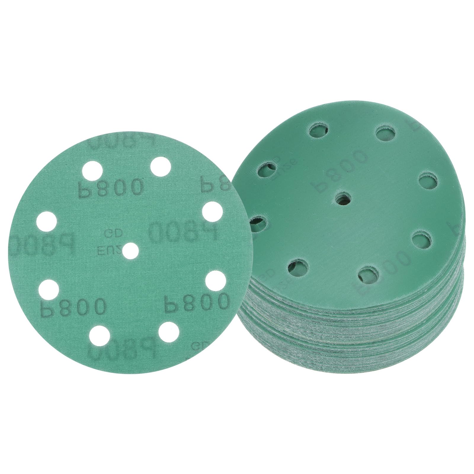 Kozelo 50pcs Green Film Sanding Discs - [5 Inch 800 Grits 9 Hole ] Round Aluminum Oxide Hook & Loop Wet Dry Sander Pads for Wood Metal Polishing Use| Zirconium Corundum Sandpaper