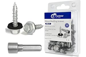 JIT FASTENER #10 x 1 Inch Metal Roofing Screws, Zinc Hex Head Sheet Metal Roof Screws, Metal Roofing Panels, Sharp Point Metal to Wood Siding Screws, Stainless Steel EPDM Washers 100-PCS