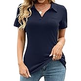 AKEWEI Womens V Neck Polo Shirts Short Sleeve Collared Tops Loose Casual Tunic Blouses with Pocket