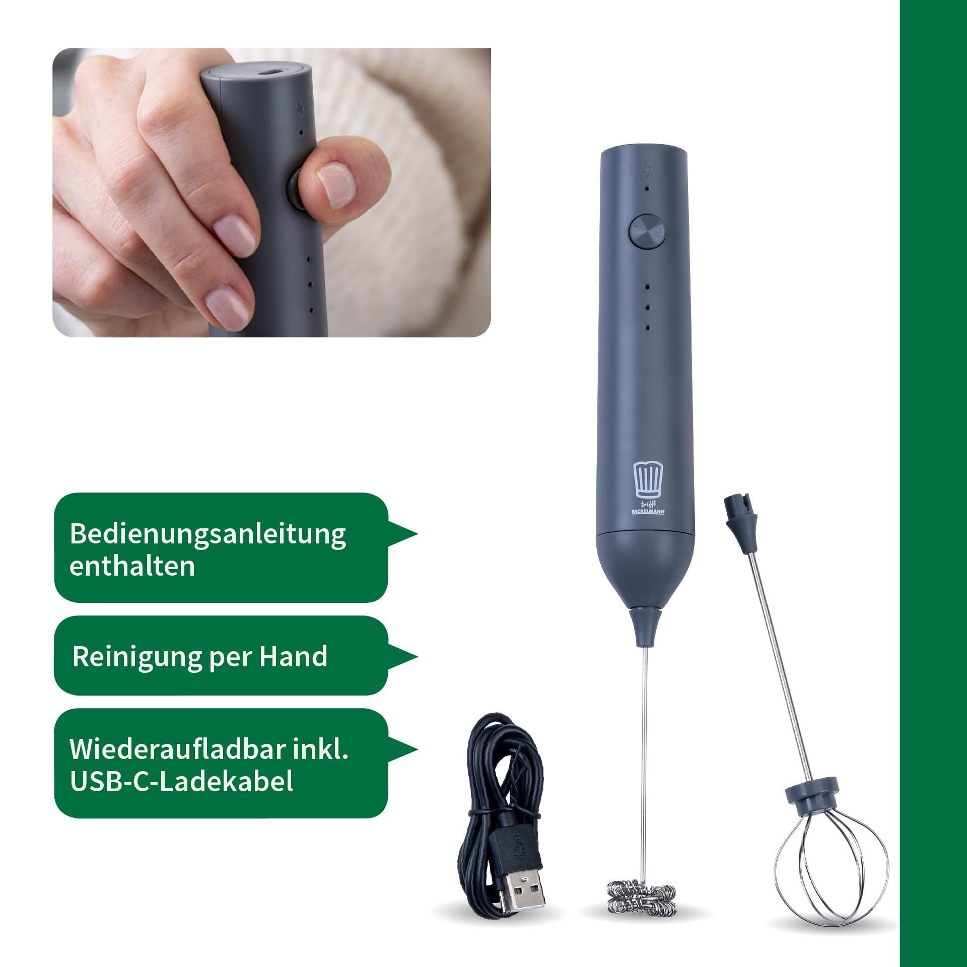Chefkoch trifft Fackelmann Elektrischer Milchaufschäumer – inkl. 2 Schneebesen, USB-C wiederaufladbar, 3 Geschwindigkeiten, Dunkelgrau 3