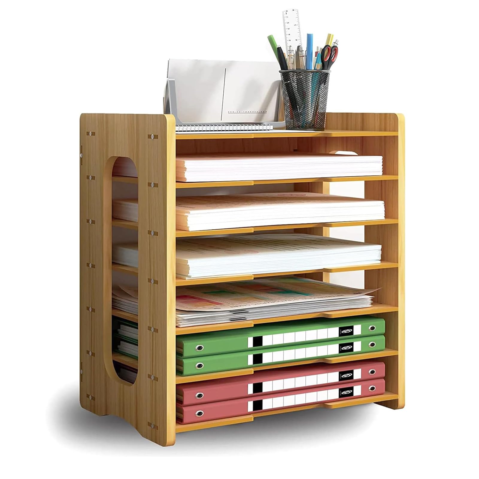 Catekro 7-Tier Desk Organizer, Wood Desktop Accessories, Complimentary four rulers, Storage Box Office Supplies Organization, Large Capacity Decor File for Office, School and Home (Brown)