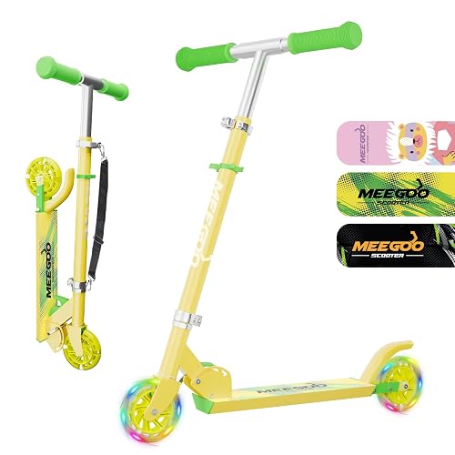 MEE GOO Scooter for Kids Ages 3+, 2 Wheels Light Up Gift Scooters for Girls Boys, Easy Folding Kids Scooter with 3 Levels Adjustable Handlebar and Rear Brake (Yellow)