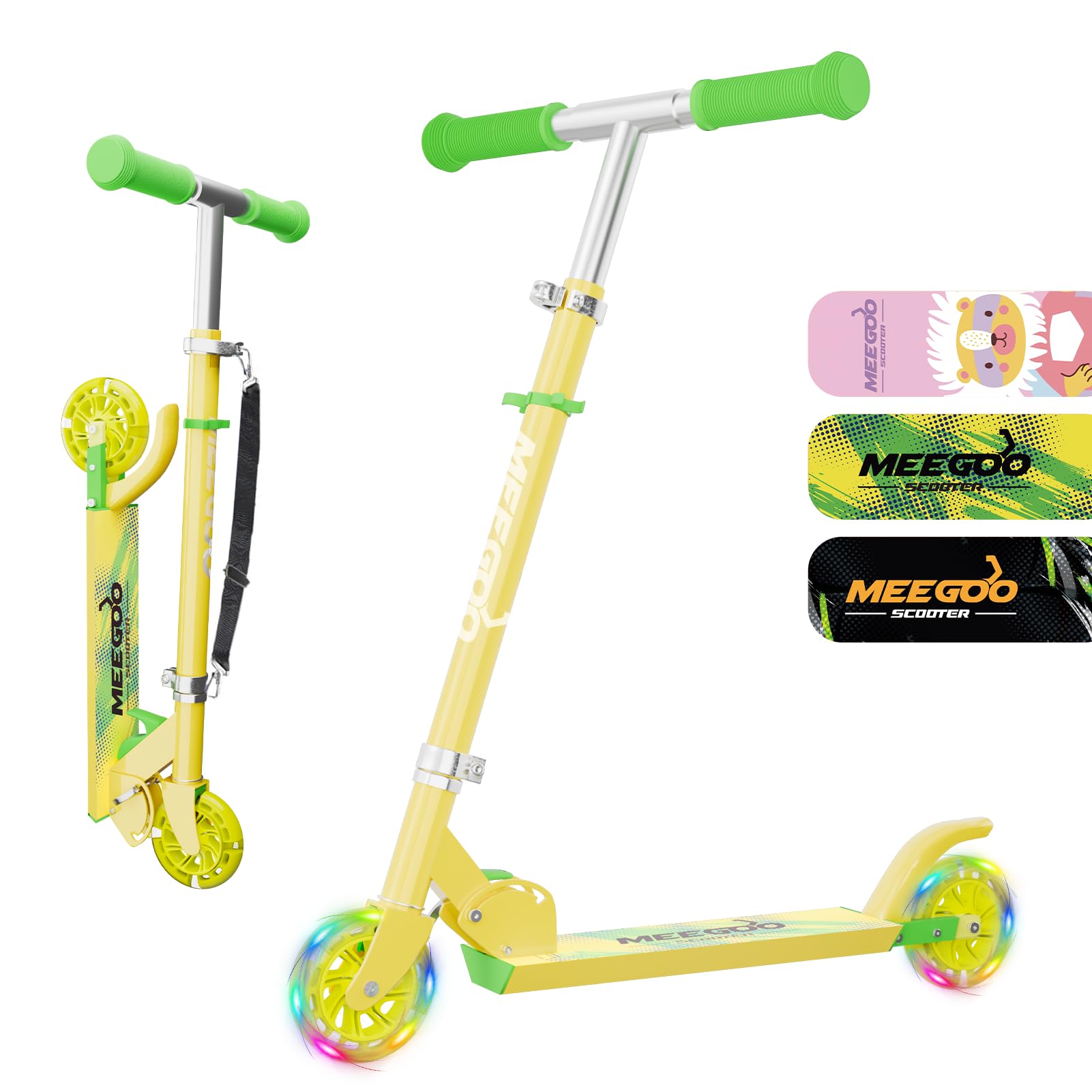 MEE GOO Scooter for Kids Ages 3+, 2 Wheels Light Up Gift Scooters for Girls Boys, Easy Folding Kids Scooter with 3 Levels Adjustable Handlebar and Rear Brake (Yellow)